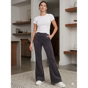 Aerie Women Gray Ribbed Corduroy Flare Leggings High Waisted Bell Bottom Pants M